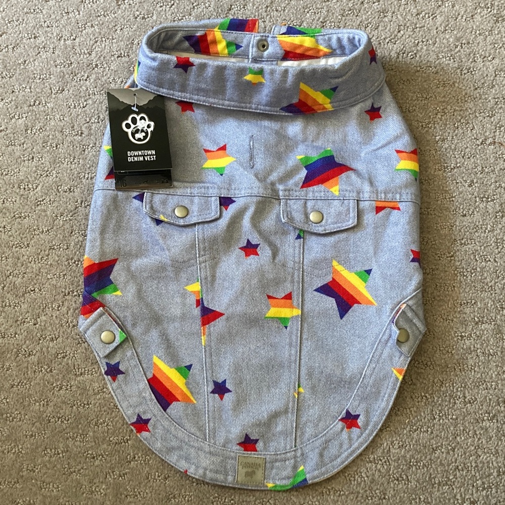 🌈 New CANADA POOCH rainbow star denim dog vest, 16''.
